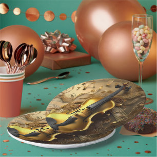 Vintage Gold Violin On Gold Musical Cords, Paper Plate