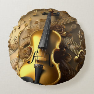 Vintage Gold Violin On Gold Musical Cords, Round Cushion