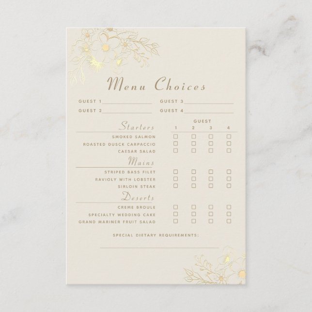 Vintage Gold Wedding Menu Choice (Front)