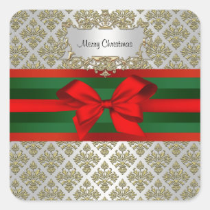Vintage Gold White Damask 3 Red Green Ribbon Xmas Square Sticker