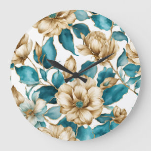 Vintage Gold White Teal Floral Pattern Flower Large Clock