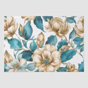 Vintage Gold White Teal Floral Pattern Flower Tissue Paper