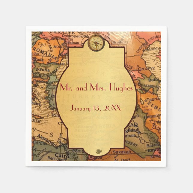 Vintage Gold world travel themed wedding Napkin (Front)