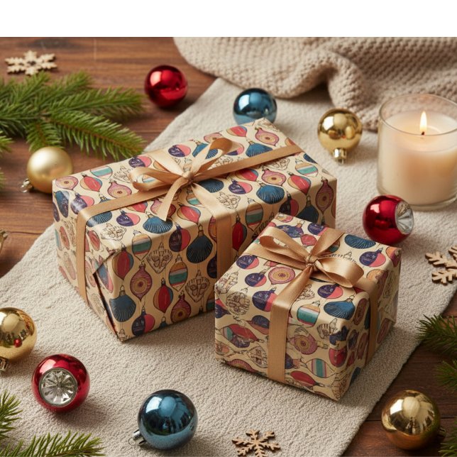 Vintage Gold Xmas Ornaments Wrapping Paper  (Elegant Colorful Vintage Ornaments Christmas Wrapping Paper in Gold. Chic Xmas Red Ornament Pattern)