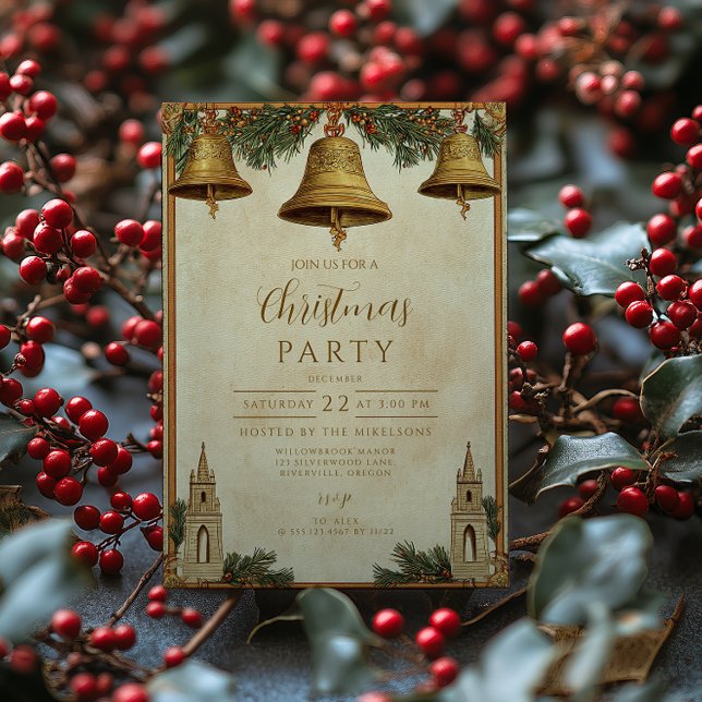 Vintage Golden Bells Christmas Invitation (Creator Uploaded)