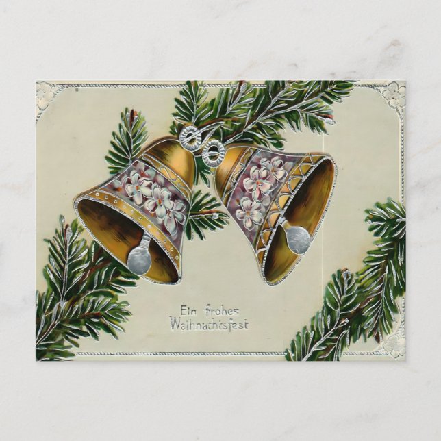Vintage Golden Bells & Pine German Christmas Postcard (Front)