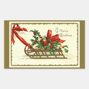 Vintage Golden Christmas Sleigh Rectangular Sticker