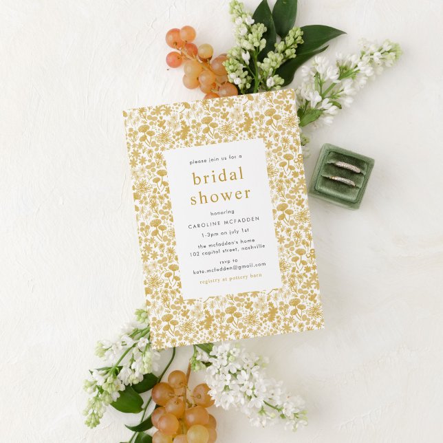 Vintage Golden Ditzy Floral Bridal Shower Invitation (Golden yellow ditzy floral garden wedding Bridal Shower invitation.)