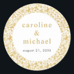 Vintage Golden Ditzy Floral Wedding  Classic Round Sticker<br><div class="desc">Delicate golden ditsy floral blooms create a romantic,  vintage feel to these beautiful wedding sticker labels. Featuring hand-drawn florals that frame the modern typography. Customise to your own event and pair with the coordinating suite pieces.</div>