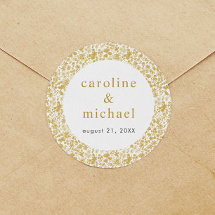 Vintage Golden Ditzy Floral Wedding  Classic Round Sticker