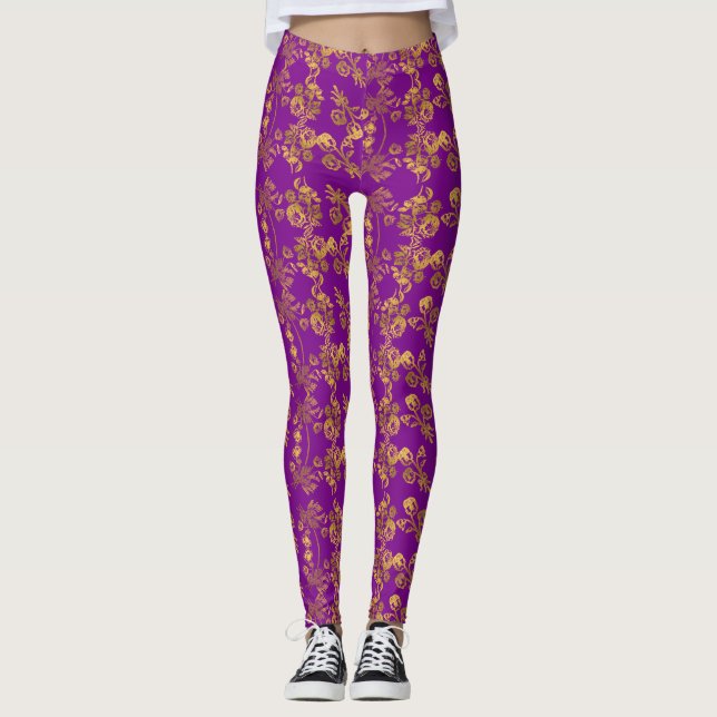 Vintage Golden floral print on purple Leggings (Front)