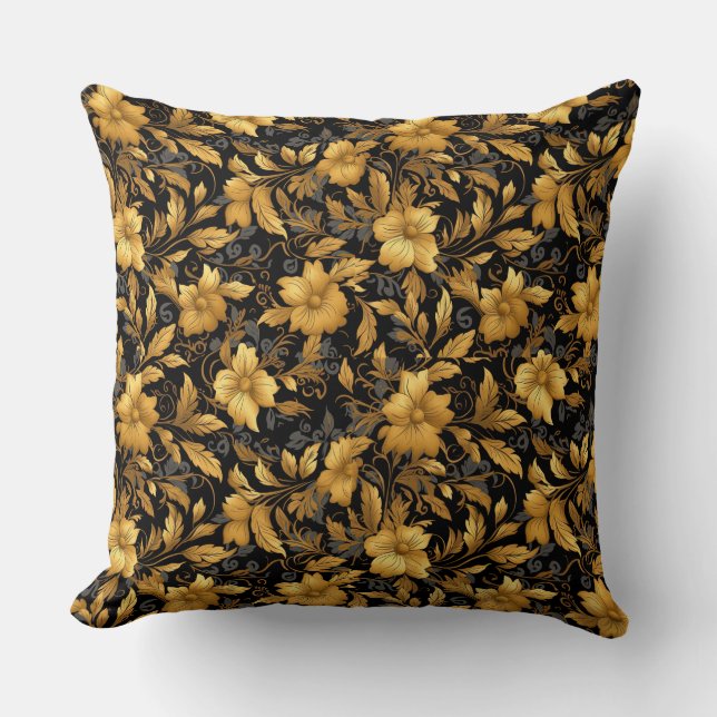Vintage Golden Floral Throw Pillow – Elegant Black (Front)