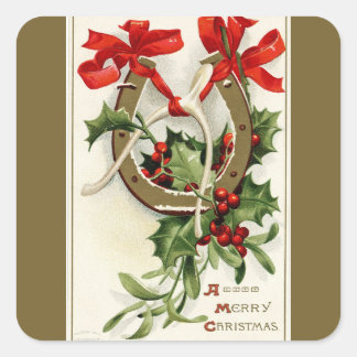 Vintage Golden Horseshoe Wishbone Bronze Christmas Square Sticker
