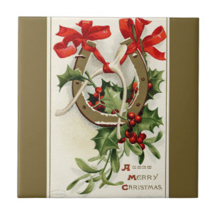 Vintage Golden Horseshoe Wishbone Bronze Christmas Tile