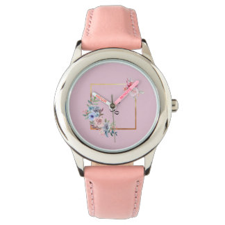 Vintage Golden Multicolored Flowers Monogram Text  Watch