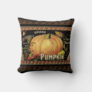 Vintage Golden Pumpkin Crate Label: Antique Fall Cushion