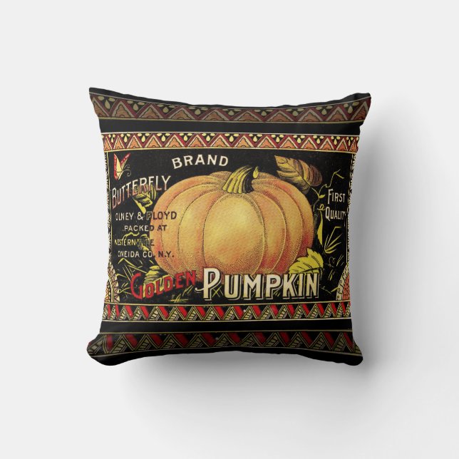 Vintage Golden Pumpkin Crate Label: Antique Fall Cushion (Front)