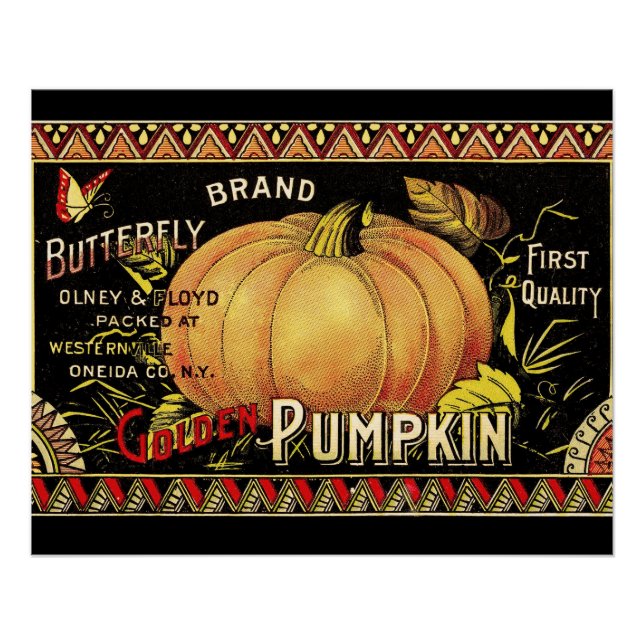 Vintage Golden Pumpkin Crate Label: Antique Fall Poster (Front)