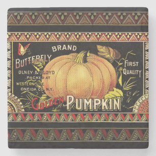 Vintage Golden Pumpkin Crate Label: Antique Fall Stone Coaster