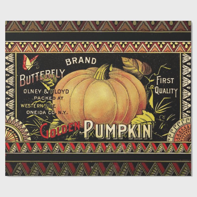 Vintage Golden Pumpkin Crate Label: Antique Fall Wrapping Paper (Flat)