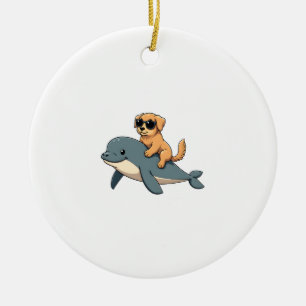 Vintage Golden Retriever Riding Beluga Whale Funny Ceramic Tree Decoration