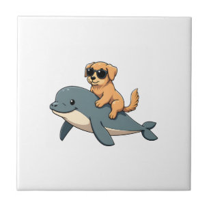 Vintage Golden Retriever Riding Beluga Whale Funny Tile