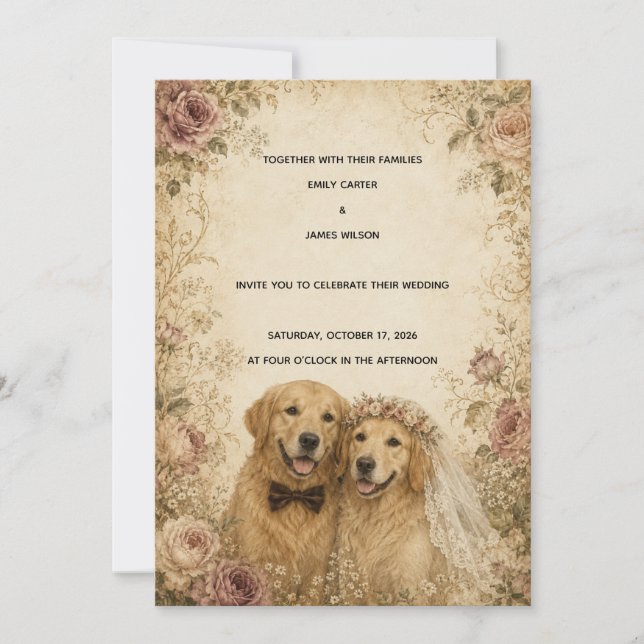 Vintage Golden Retriever Wedding Invitation (Front)