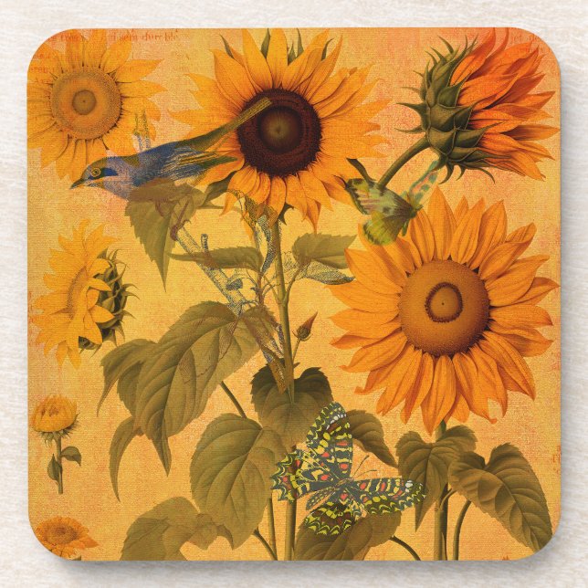Vintage Golden Sunflower Collage Coaster (Front)