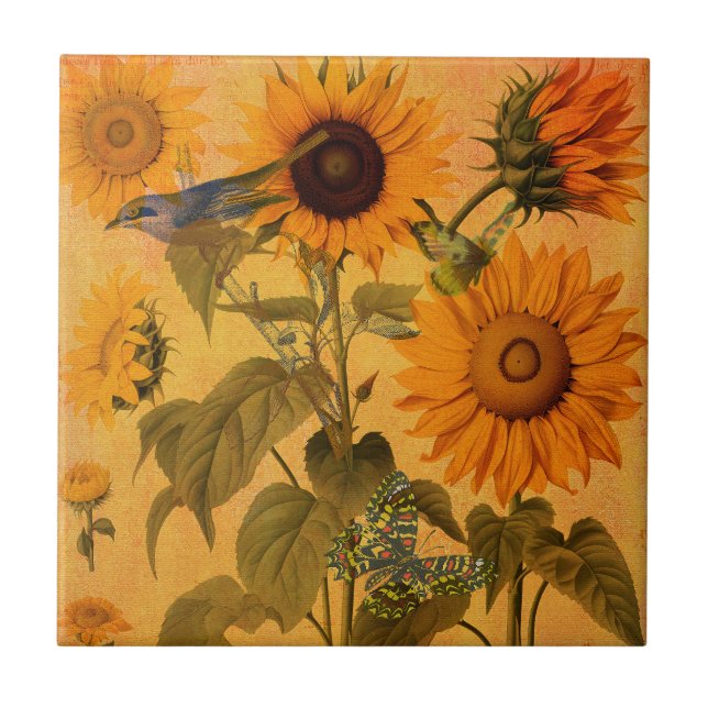 Vintage Golden Sunflower Collage Tile (Front)