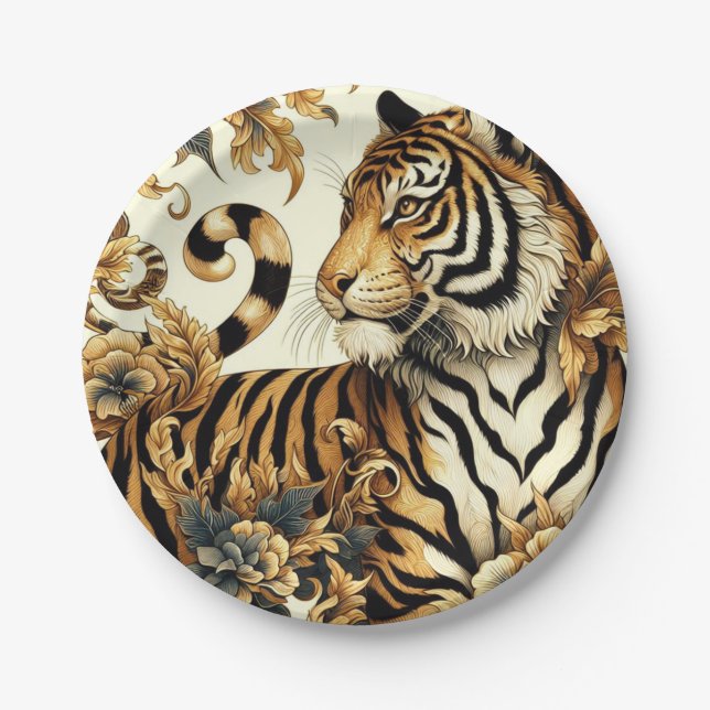 Vintage Golden Tiger Painting Paper Plate (Front)