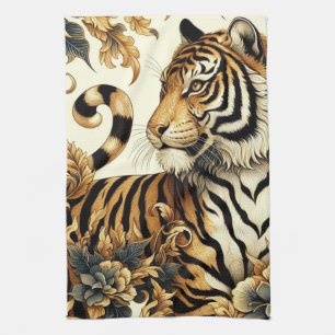 Vintage Golden Tiger Painting Tea Towel