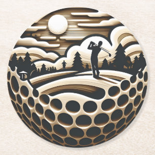 Vintage Golf Course with Player Silhouette Round Paper Coaster