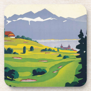 Vintage Golf Lausanne City Lake Switzerland Coaster