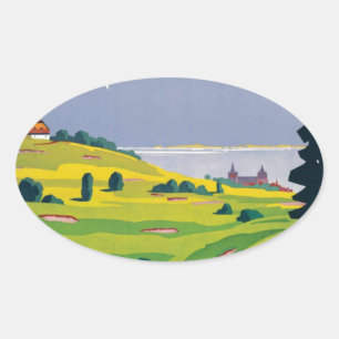 Vintage Golf Lausanne City Lake Switzerland Oval Sticker
