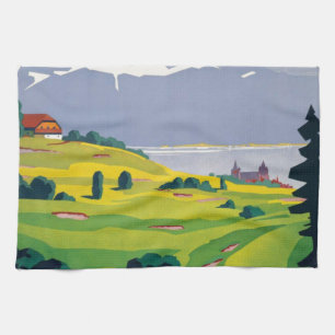 Vintage Golf Lausanne City Lake Switzerland Tea Towel