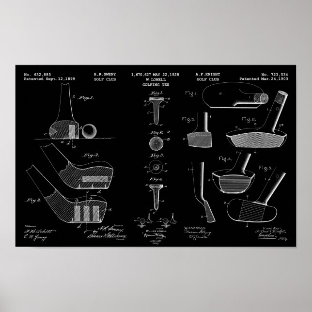 Vintage Golf Patent Poster 2 White on Black (Front)