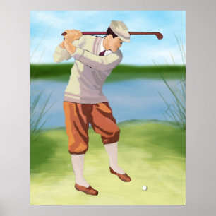Vintage Golfer by the Riverbank Poster