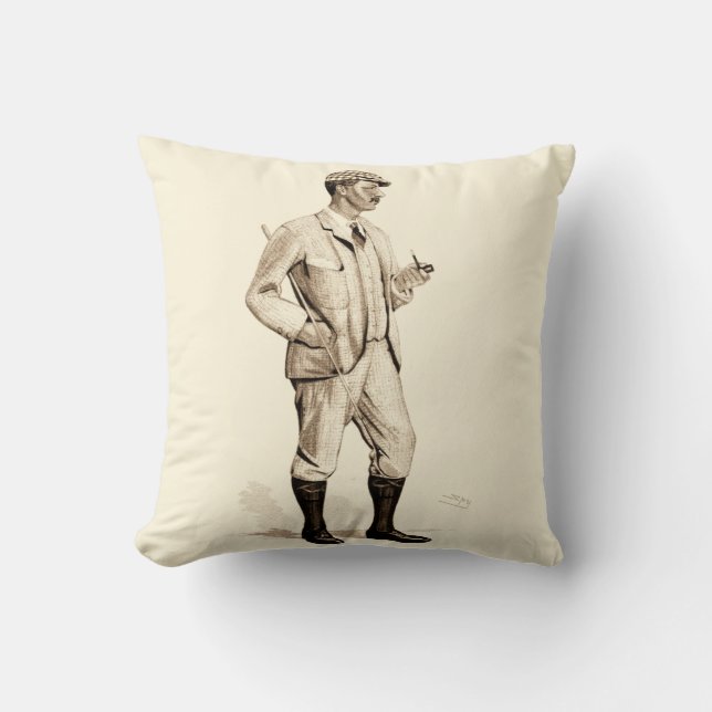 Vintage Golfer with Tobacco Pipe and Boots Cushion (Front)