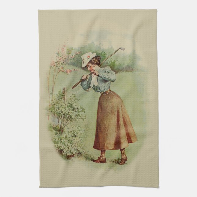 Vintage Golfing Lady Art Tea Towel (Vertical)