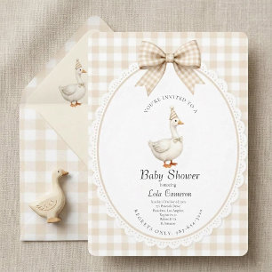 Vintage Goose Gingham Bow Coquette Baby Shower Invitation