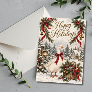 Vintage Goose Red Bow Happy Holidays Holiday Card