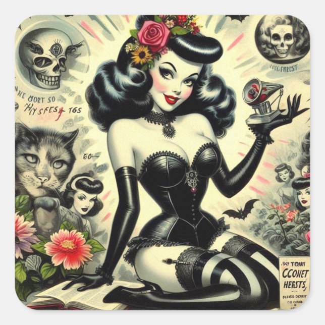 Vintage Goth Girl Illustration Square Sticker (Front)