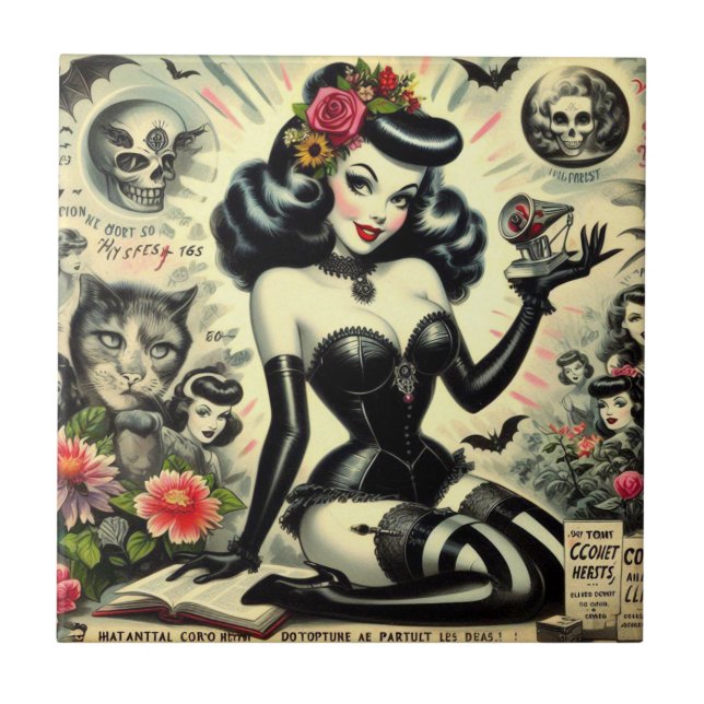 Vintage Goth Girl Illustration Tile (Front)