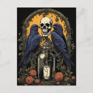 Vintage Goth Skeleton Skull Raven Poison Halloween Postcard