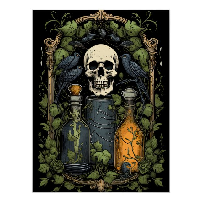 Vintage Goth Skeleton Skull Raven Poison Halloween Poster (Front)