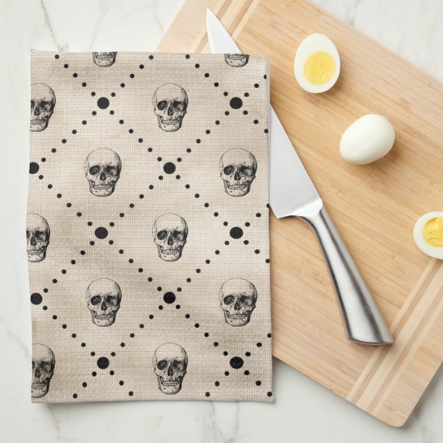 Vintage Goth Skulls Grid  Tea Towel (Quarter Fold)