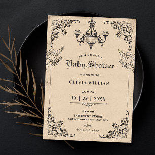 Vintage gothic arch angels baby shower invitation
