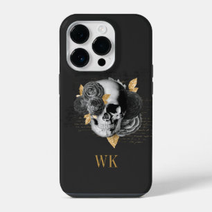 Vintage Gothic Black and Gold Floral Skull iPhone 14 Pro Case