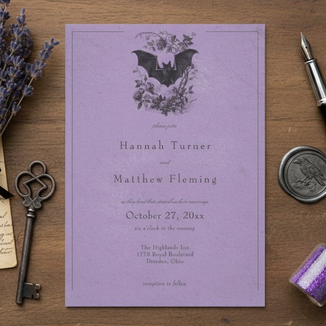 Vintage Gothic Black Toile Bat Purple Wedding Invitation (Creator Uploaded)