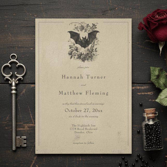 Vintage Gothic Black Toile Bat Tan Wedding Invitation (Creator Uploaded)